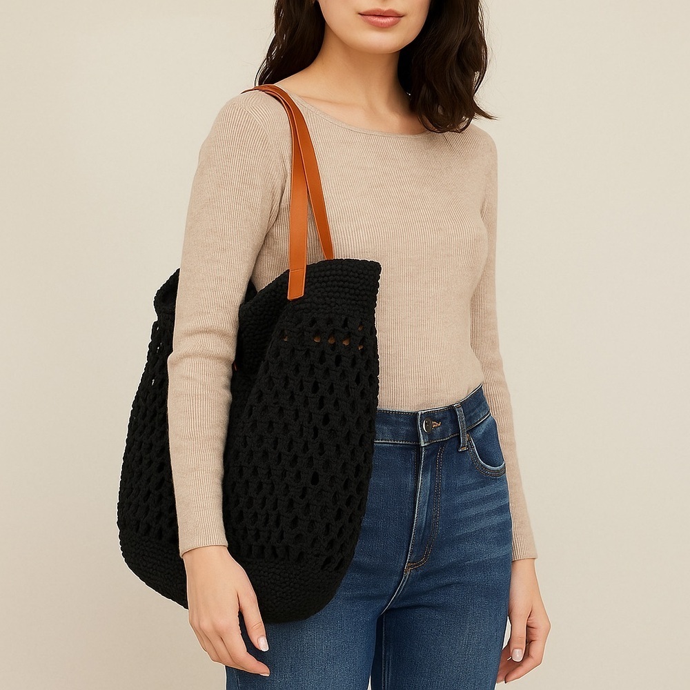 Black Crochet Tote Bag Tan Leather Strap Boho Market Beach Woven Summer Shoulder - Picture 2 of 6